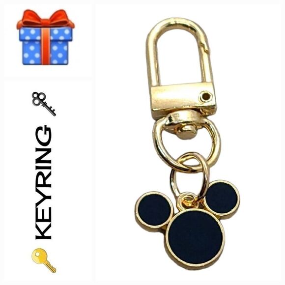 Black Mickey Mouse Ears Gold Key Chain Ring Holder Gift Backpack Clip Keychain - Picture 2 of 4